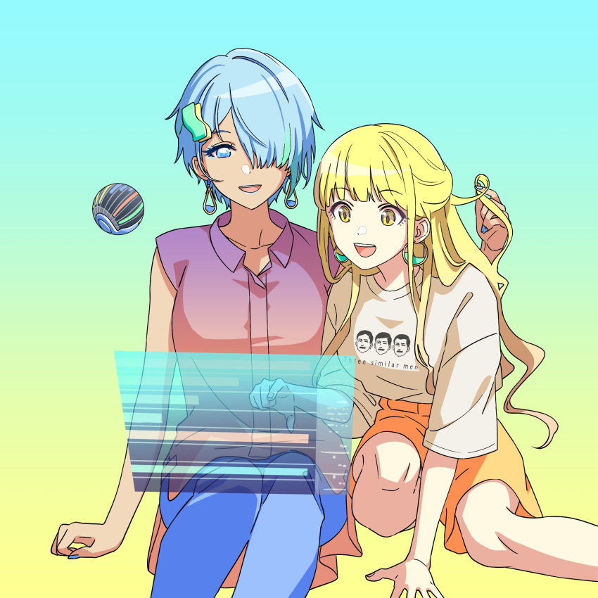 2girls akroglam aorta_(akroglam) blonde_hair blue_eyes blue_hair blue_pants collared_shirt commentary_request dark-skinned_female dark_skin earrings eno_(akroglam) hair_over_one_eye hand_up highres holding_another's_hair holographic_interface jewelry long_hair multiple_girls official_art open_mouth orange_shorts pants purple_shirt second-party_source shirt short_hair short_sleeves shorts sitting smile t-shirt yellow_eyes yellow_shirt