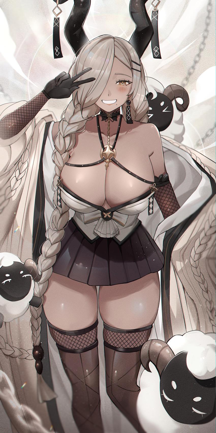 1girl absurdres azur_lane bare_shoulders black_gloves black_horns black_skirt braid breasts cable_knit center_opening chain cleavage coat dark-skinned_female dark_skin earrings fishnet_gloves fishnet_thighhighs fishnets gloves grey_hair grin hair_over_one_eye hair_over_shoulder highres horn_ornament horns huge_breasts jewelry large_horns long_hair long_sleeves looking_at_viewer low_twin_braids microskirt mole mole_under_mouth open_clothes open_coat owari_(azur_lane) pleated_skirt sheep skirt skyfracture smile solo thighhighs twin_braids very_long_hair wide_sleeves yellow_eyes zettai_ryouiki