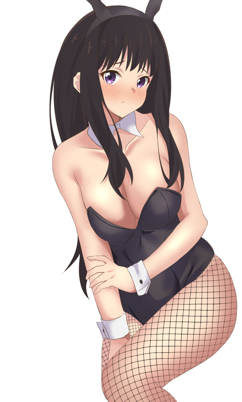 1girl absurdres animal_ears bare_shoulders black_hair black_leotard blush breasts cleavage collarbone detached_collar fake_animal_ears fishnets hateri highres holding_own_wrist inoue_takina large_breasts leotard long_hair looking_at_viewer lycoris_recoil nose_blush playboy_bunny purple_eyes sidelocks solo wrist_cuffs