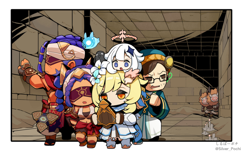 1other 3girls 4boys benben_(genshin_impact) bird blonde_hair blue_eyes blue_headwear brown_eyes brown_hair candle chibi commentary_request dark-skinned_female dark-skinned_male dark_skin drill_hair flower genshin_impact glasses hair_flower hair_ornament halo hat headband highres hilichurl_(genshin_impact) holding indoors jebrael_(genshin_impact) jeht_(genshin_impact) kara_age lumine_(genshin_impact) mask midriff multiple_boys multiple_girls navel orange_eyes paimon_(genshin_impact) purple_hair quad_drills red_blindfold short_hair_with_long_locks sidelocks stone_floor stone_wall sweatdrop tirzad_(genshin_impact) wall white_hair white_headband