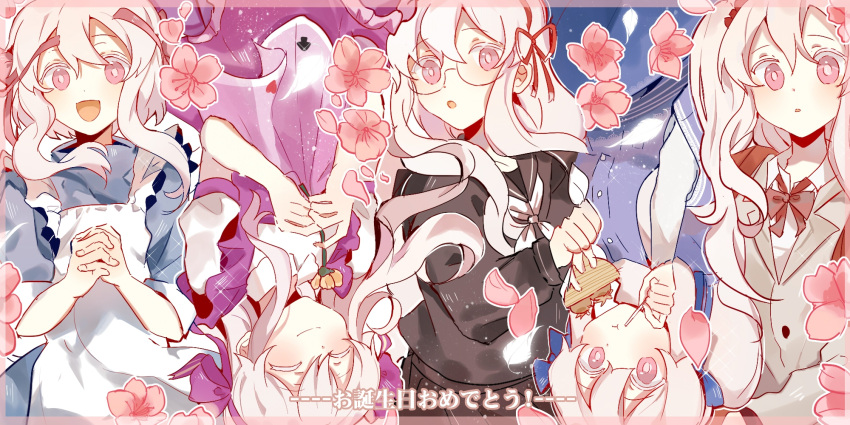 1girl alternate_costume alternate_hairstyle apron bangs bespectacled birthday black_serafuku blazer blue_dress blue_jacket bow brown_bow casual cherry_blossoms chestnut_mouth chewing closed_eyes dress flower frilled_apron frilled_dress frills glasses grey_jacket hair_between_eyes hair_ribbon hairband happy_birthday highres holding holding_flower jacket kagerou_project kozakura_marry long_hair mekakucity_actors neckerchief open_mouth otorigg own_hands_together parted_lips petals pink_eyes pink_flower purple_bow purple_dress purple_hairband red_bow red_hairband red_ribbon ribbon school_uniform serafuku shirt smile toothpick translated twintails upside-down wavy_hair white_apron white_hair white_neckerchief white_shirt