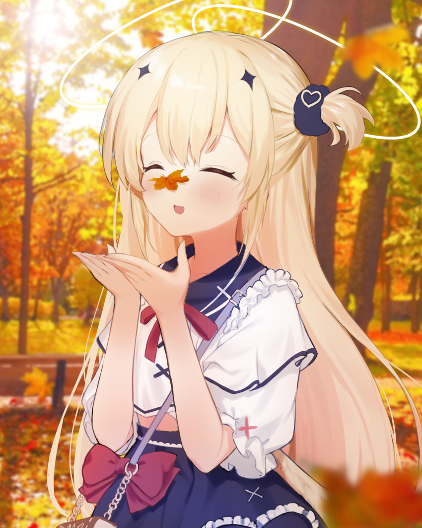 1girl :d ^_^ absurdres autumn_leaves bag bangs bench blonde_hair blue_sailor_collar blue_skirt blurry blurry_foreground blush bow chucolala closed_eyes collared_shirt commission day depth_of_field hair_between_eyes halo hands_up highres kutar22 leaf long_hair maple_leaf one_side_up outdoors pixiv_request puffy_short_sleeves puffy_sleeves purple_bow sailor_collar shirt short_sleeves shoulder_bag skirt smile solo suzumiya_rin tree upper_body very_long_hair virtual_youtuber white_shirt