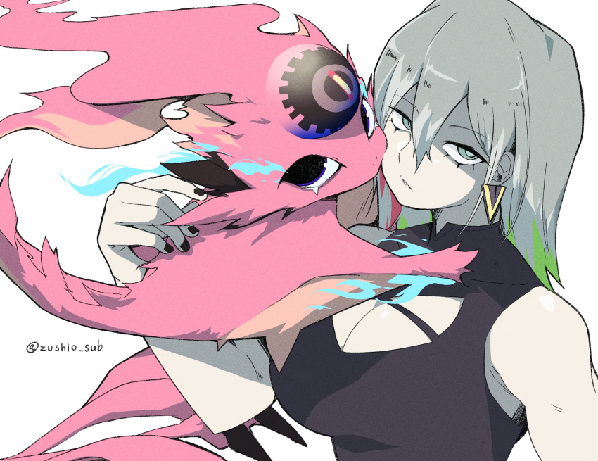 1girl alternate_costume bare_shoulders breasts cleavage_cutout clothing_cutout colored_skin diabellstar_the_black_witch duel_monster earrings green_hair grey_eyes grey_hair highres jewelry large_breasts looking_at_viewer medium_breasts multicolored_hair pale_skin pink_skin shirt simple_background sleeveless sleeveless_shirt snake-eyes_poplar streaked_hair triangle_earrings turtleneck twitter_username two-tone_hair upper_body white_background yu-gi-oh! zushio_sub
