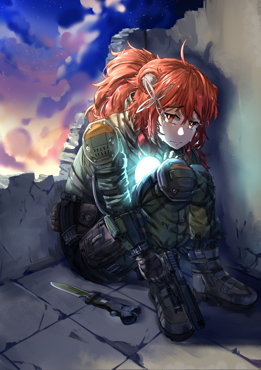 1girl black_footwear boots bright_pupils brown_eyes brown_hair brown_scarf commission cosplay crying english_commentary frown gloves glowing grey_gloves gun highres holding holding_gun holding_weapon indie_virtual_youtuber jack_cooper jack_cooper_(cosplay) knee_pads knife long_hair looking_to_the_side mittsbun_(vtuber) ponytail red_panda_ears ritskyz scarf sitting smart_pistol solo titanfall_(series) titanfall_2 virtual_youtuber weapon white_pupils