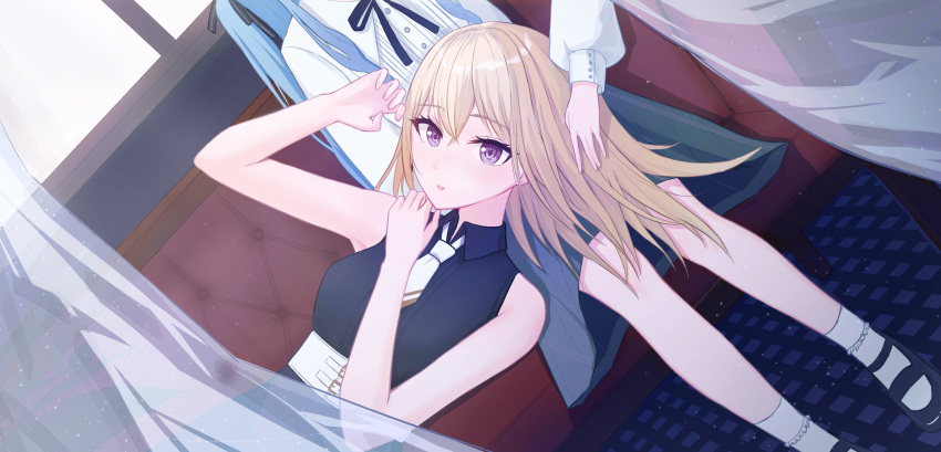 2girls absurdres bang_dream! bang_dream!_it's_mygo!!!!! bare_arms black_dress black_footwear black_skirt blonde_hair blue_hair butaikun commentary couch curtains day dress dutch_angle hashtag-only_commentary highres lap_pillow light_particles long_hair long_sleeves lying mary_janes misumi_uika multiple_girls necktie on_back on_couch parted_lips purple_eyes shirt shoes sitting skirt sleeveless sleeveless_dress socks togawa_sakiko white_necktie white_shirt white_socks window yuri