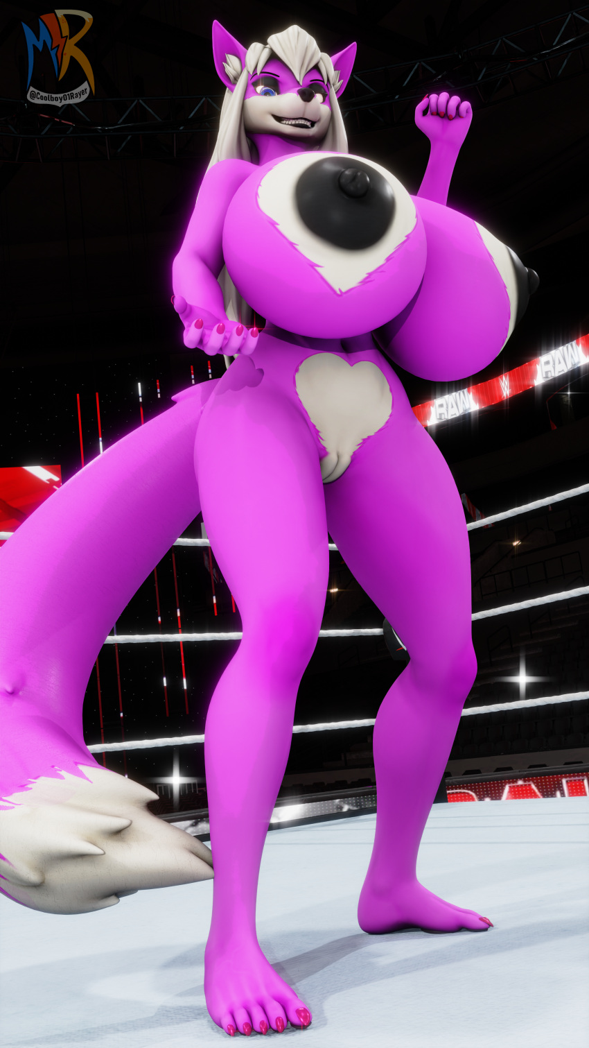 3d_(artwork) absurd_res anthro areola big_areola big_breasts black_areola black_lips black_nipples breasts canid canine canis colored_nails coolboy01fa digital_media_(artwork) ear_tuft female fighting_ring fur genitals grin hair heart_symbol hi_res huge_breasts hyper hyper_breasts innie_pussy lips looking_at_viewer low-angle_view mammal nails nipples nude pink_body pink_fur pussy red_nails smile solo tuft white_body white_fur white_hair wolf yuni_hermit