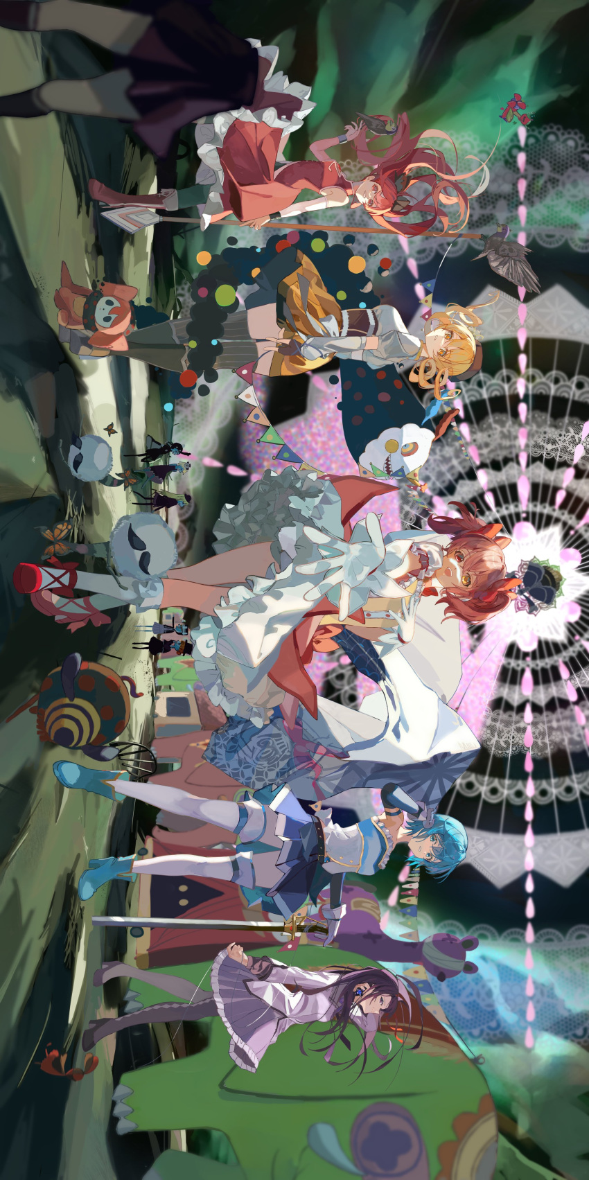 5girls 6+others absurdres akemi_homura alternate_eye_color anthony_(madoka_magica) argyle argyle_legwear bare_shoulders beret black_footwear black_hair black_pantyhose black_thighhighs blonde_hair blue_eyes blue_footwear blue_hair boots brown_eyes bubble_skirt character_request charlotte_(madoka_magica) check_character commentary corset detached_sleeves dress drill_hair frilled_skirt frills full_body gloves hair_ornament hairclip hairpin hat high_heels highres holding holding_sword holding_weapon kaname_madoka knee_boots kneehighs long_hair looking_at_viewer magical_girl mahou_shoujo_madoka_magica mathieu_(madoka_magica) miki_sayaka multiple_girls multiple_others pantyhose pink_hair pleated_skirt ponytail red_dress red_eyes red_footwear red_hair rotated sakura_kyouko shirasuke_0822 short_hair short_twintails skirt socks sword thighhighs tomoe_mami twin_drills twintails walpurgisnacht_(madoka_magica) weapon white_gloves white_socks white_thighhighs witch_(madoka_magica) yellow_eyes