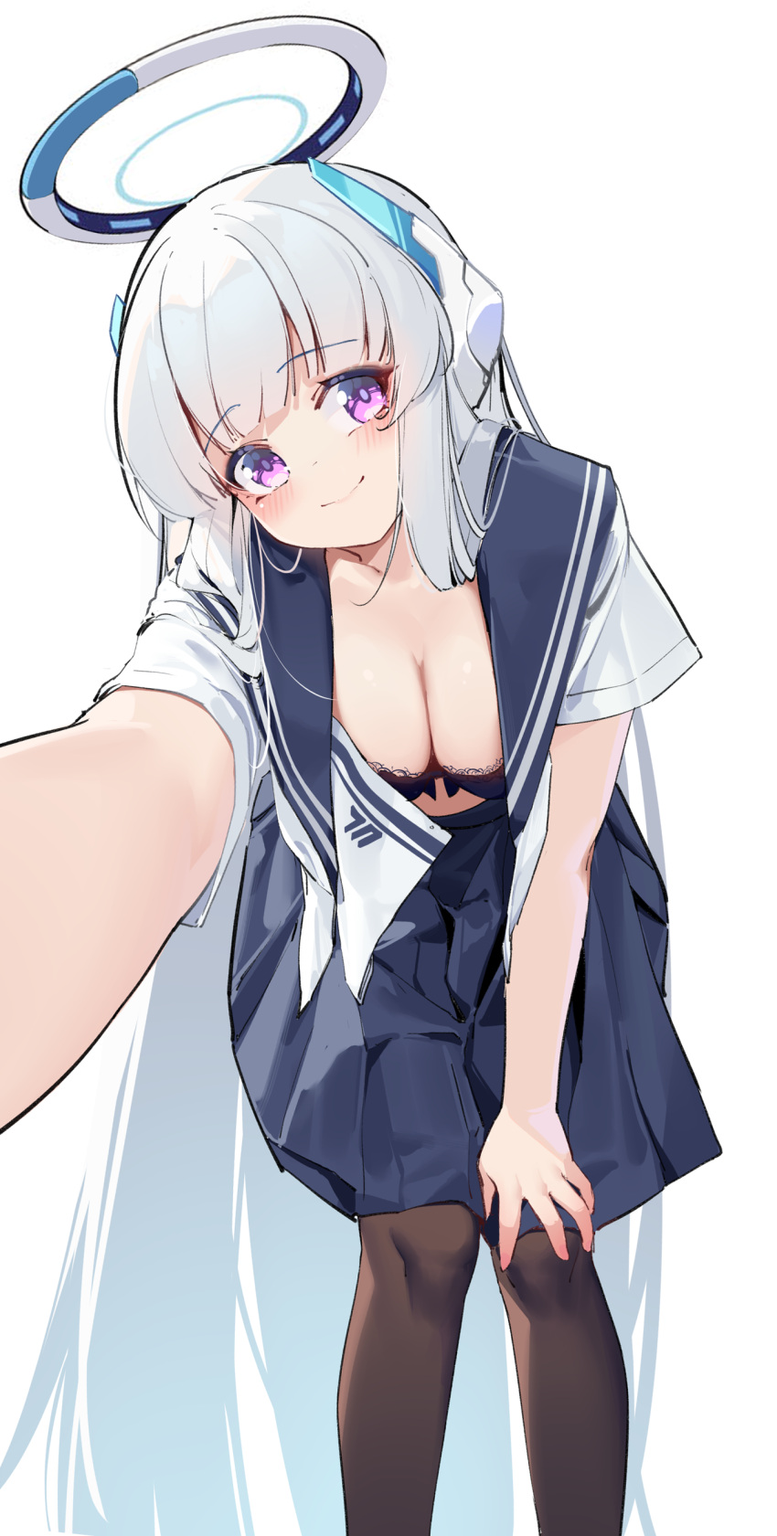 1girl absurdres black_bra black_pantyhose black_skirt blue_archive blush bra breasts cleavage closed_mouth feet_out_of_frame grey_hair halo highres large_breasts long_hair looking_at_viewer mechanical_halo noa_(blue_archive) painterliuhao pantyhose pleated_skirt purple_eyes simple_background skirt smile solo underwear white_background