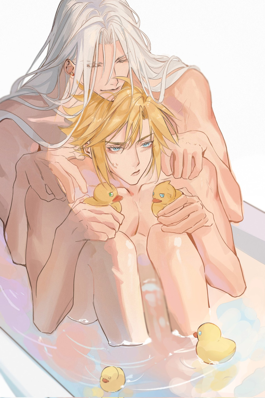 2boys acutecrane anger_vein annoyed bath blonde_hair blue_eyes bright_pupils chinese_commentary cloud_strife collarbone commentary completely_nude final_fantasy final_fantasy_vii grey_hair hands_on_another's_shoulders hands_up highres in_water knees_up long_bangs long_hair looking_down male_focus multiple_boys nude parted_bangs pectoral_cleavage pectorals rubber_duck same-sex_bathing sephiroth shared_bathing short_hair sitting smile toned toned_male upper_body water white_background yaoi