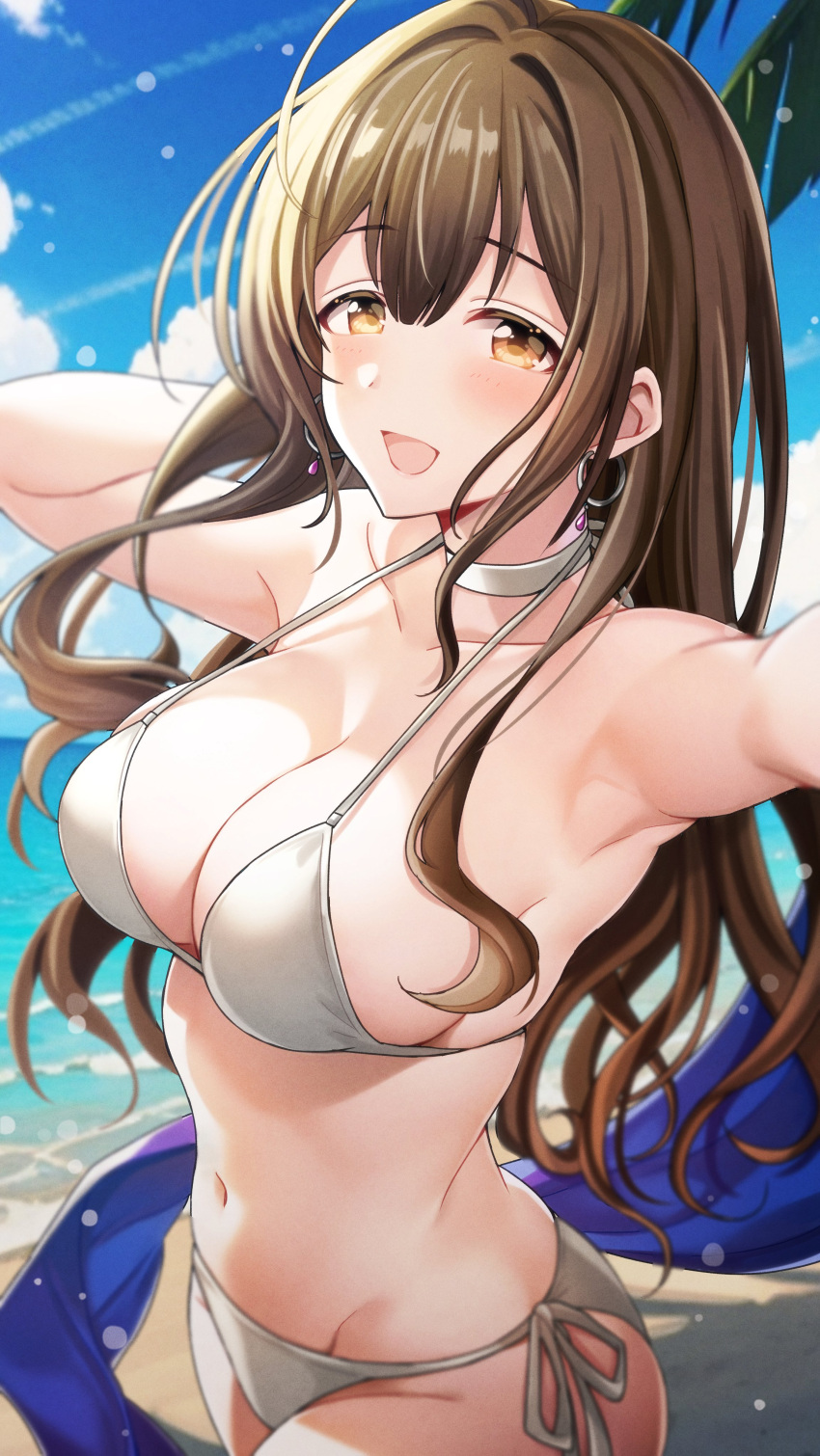 1girl absurdres ahoge armpits bare_shoulders bikini blue_sky breasts cloud cloudy_sky commentary_request commission day green_hair highres idolmaster idolmaster_shiny_colors kuwayama_chiyuki large_breasts long_hair looking_at_viewer ocean open_mouth outdoors outstretched_arm palm_leaf popon_ta side-tie_bikini_bottom skeb_commission sky solo swimsuit upper_body white_bikini yellow_eyes