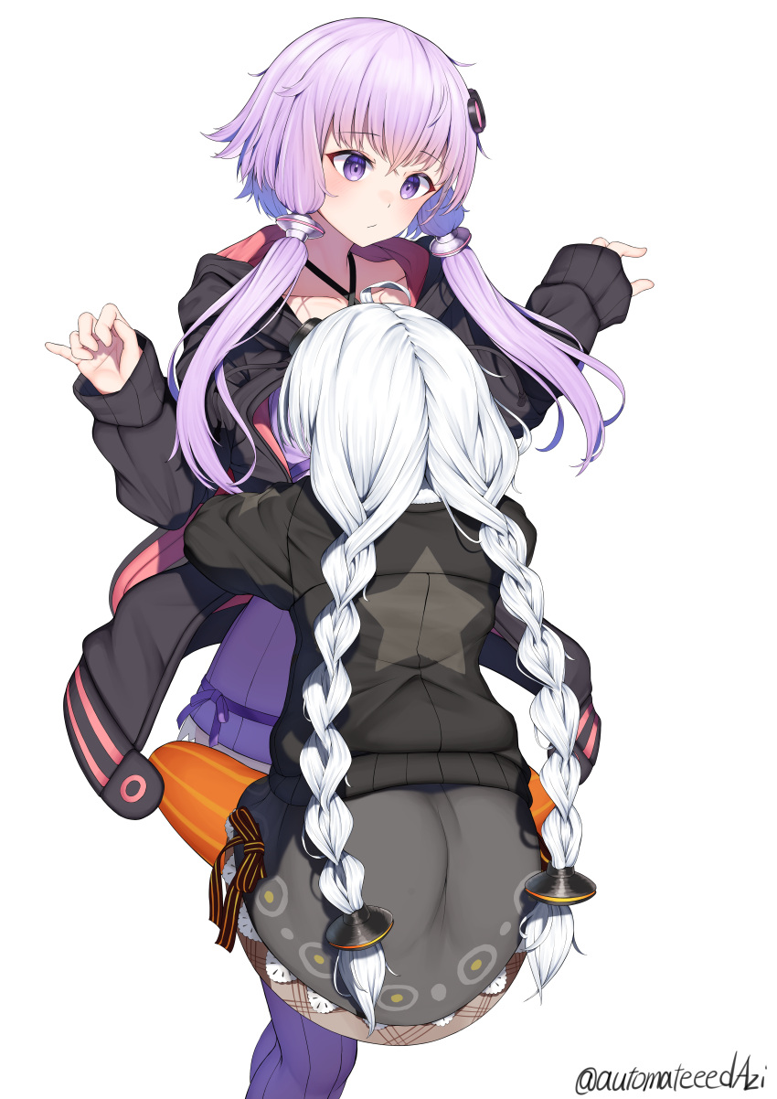2girls absurdres animal_ear_hood black_dress black_jacket blush braid captured carrying carrying_person commentary_request dress facing_viewer from_behind full_body hair_between_eyes hair_ornament hairpin hands_up head_on_chest highres hood hooded_jacket hug jacket kizuna_akari leg_lock long_hair looking_at_another looking_down m-&gt;g multiple_girls open_clothes open_jacket orange_pantyhose pantyhose purple_dress purple_eyes purple_hair purple_thighhighs star_(symbol) star_print strapless strapless_dress striped_clothes striped_thighhighs surprised thighhighs tube_dress twin_braids twintails vertical-striped_clothes vertical-striped_thighhighs very_long_hair vocaloid voiceroid w_arms white_hair yuzuki_yukari