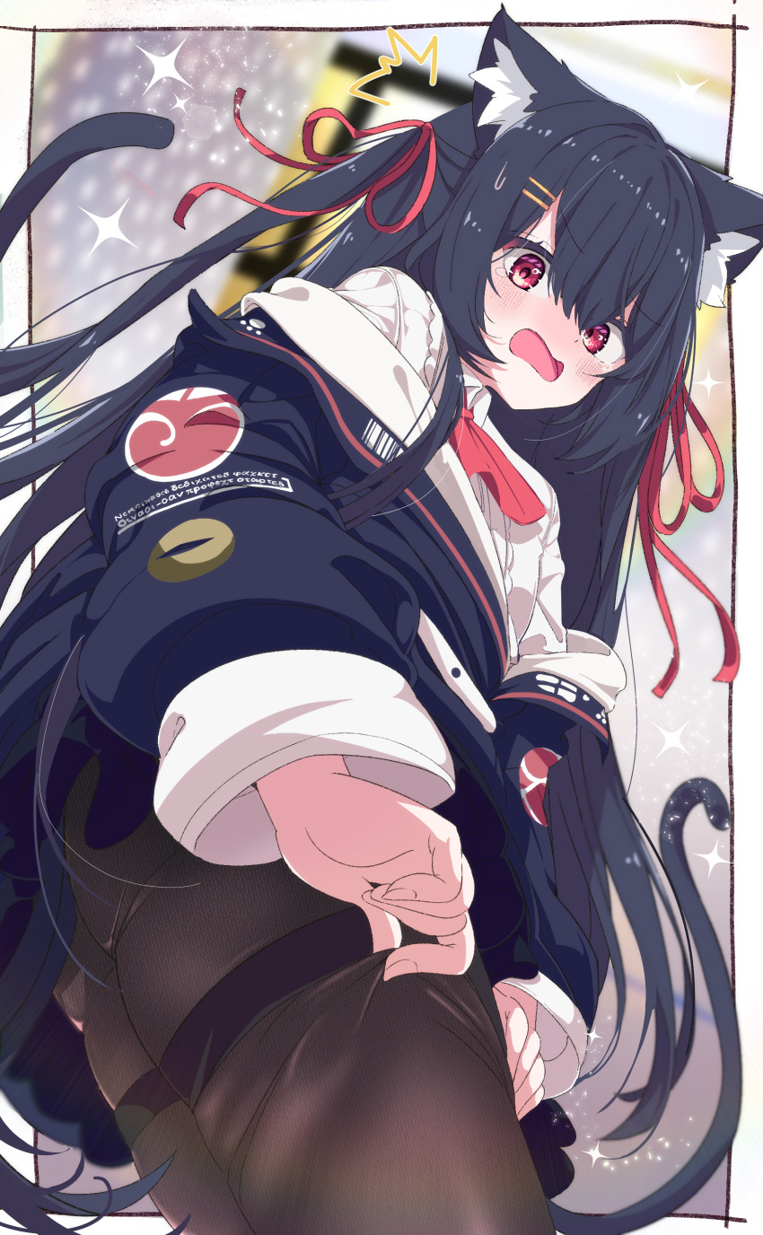 1girl absurdres animal_ears ass black_hair black_jacket black_pantyhose blush bow breasts cat_ears cat_tail commission hair_bow highres jacket long_hair looking_at_viewer open_clothes open_jacket open_mouth original pantyhose red_eyes shiro9jira shirt skeb_commission small_breasts solo tail white_shirt
