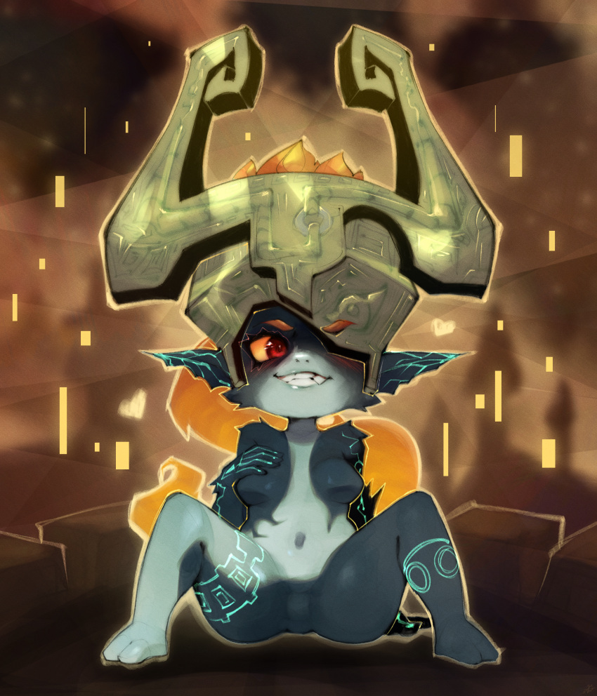 absurd_res breasts featureless_breasts featureless_crotch female grin hand_on_breast hi_res humanoid humanoid_pointy_ears imp midna nintendo not_furry one_eye_obstructed onimiere sharp_teeth small_breasts smile solo spread_legs spreading teeth the_legend_of_zelda twili twilight_princess yellow_sclera