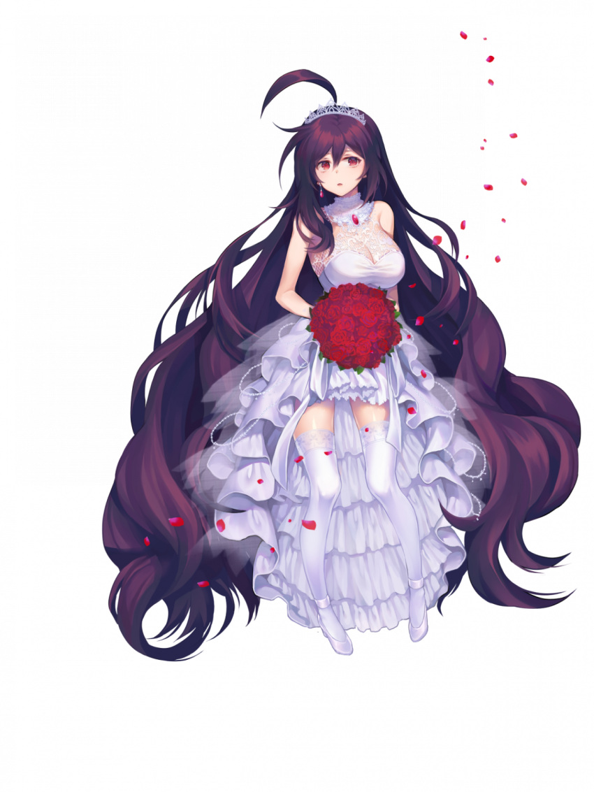 1girl absurdly_long_hair ahoge amulet beads bouquet breasts cleavage collar detached_collar dress earrings falling_petals final_gear flower hair_between_eyes high_heels highres holding holding_bouquet jewelry lace-trimmed_dress lace_trim layered_dress long_hair looking_to_the_side open_mouth petals pn99_(final_gear) purple_hair red_eyes red_flower red_petals red_rose rose see-through see-through_cleavage see-through_thighhighs sleeveless tachi-e thighhighs tiara transparent_background very_long_hair wavy_hair wedding_dress white_collar white_dress white_footwear white_thighhighs