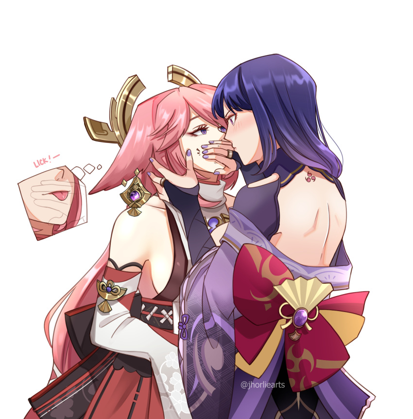 2girls blush bridal_gauntlets covering_mouth earrings eye_contact genshin_impact gold_earrings hair_over_shoulder hand_over_another's_mouth highres jewelry jhorliearts licking licking_hand long_hair looking_at_another multiple_girls nail_polish pink_hair purple_eyes purple_hair purple_nails raiden_shogun tongue tongue_out yae_miko yuri