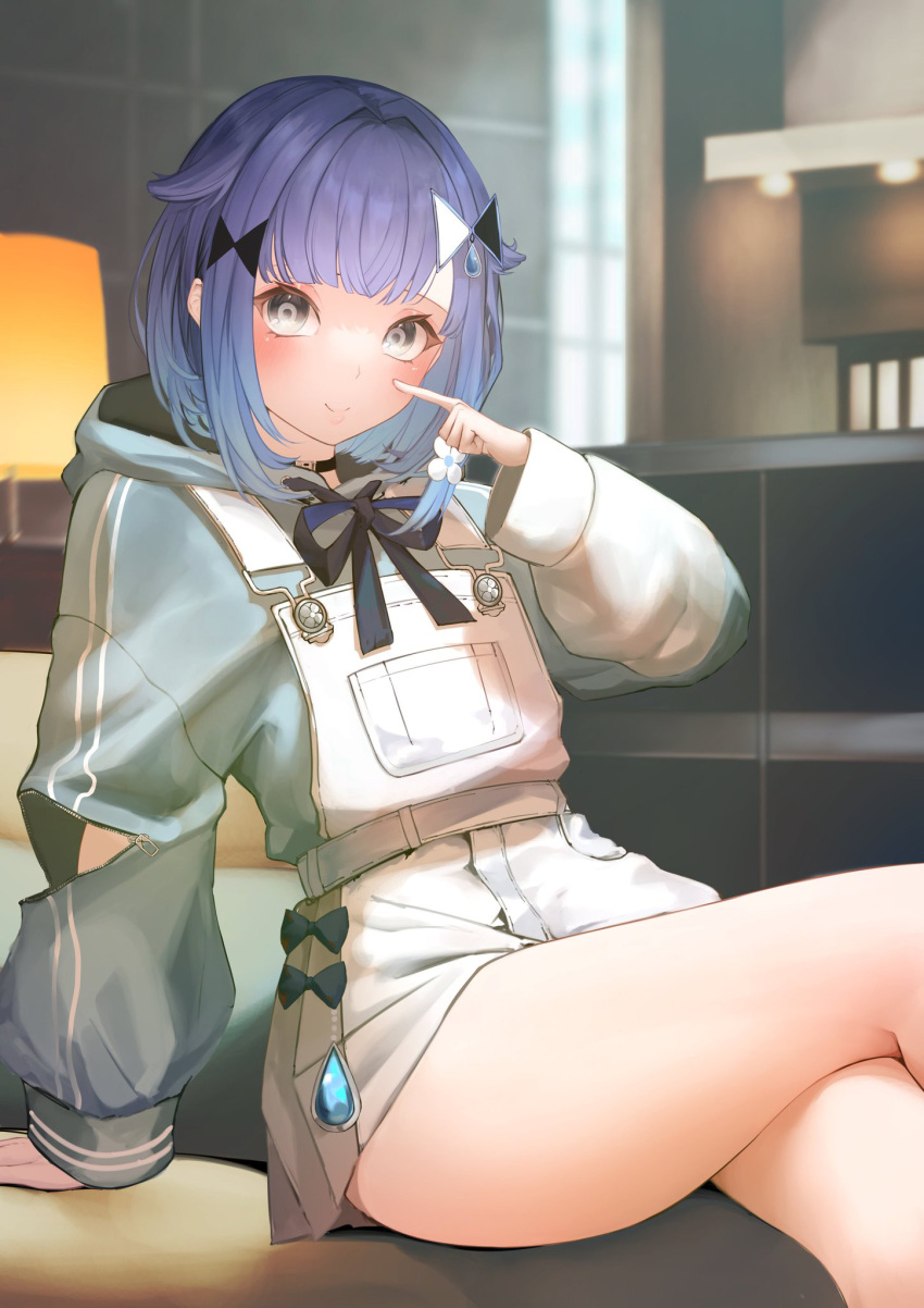 1girl arm_support black_bow black_bowtie black_collar blue_hair blue_hoodie bow bowtie collar crossed_legs dark_blue_hair gradient_hair grey_eyes hair_flaps highres hood hoodie index_finger_raised indoors jakusha_shiro light_blue_hair long_sleeves looking_at_viewer multicolored_hair overall_shorts overalls pleated_shorts pointing pointing_at_self puffy_long_sleeves puffy_sleeves ringed_eyes short_hair sitting smile solo thighs tsumugi_kokage unzipped virtual_youtuber vspo! water_drop_hair_ornament white_overalls zipper