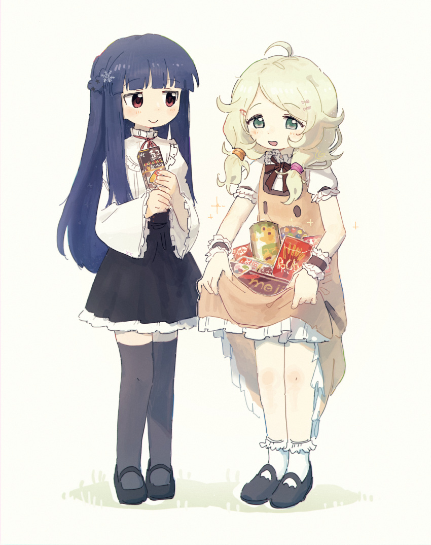 2girls absurdres black_footwear black_skirt black_thighhighs blonde_hair blue_hair blunt_bangs blush brown_dress brown_ribbon candy closed_mouth commentary_request dress food frilled_shirt_collar frills full_body green_eyes hair_over_shoulder half_up_braid highres holding holding_food idolmaster idolmaster_cinderella_girls long_hair long_sleeves looking_at_another low_twintails mary_janes meiji_milk_chocolate morinaga_chocoball multiple_girls neck_ribbon nendo23 open_mouth pinafore_dress pocky puffy_short_sleeves puffy_sleeves red_eyes red_ribbon ribbon sajo_yukimi shirt shoes short_sleeves simple_background skirt skirt_basket skirt_hold sleeveless sleeveless_dress smile snack socks sparkle standing thighhighs twintails white_background white_shirt white_socks yusa_kozue