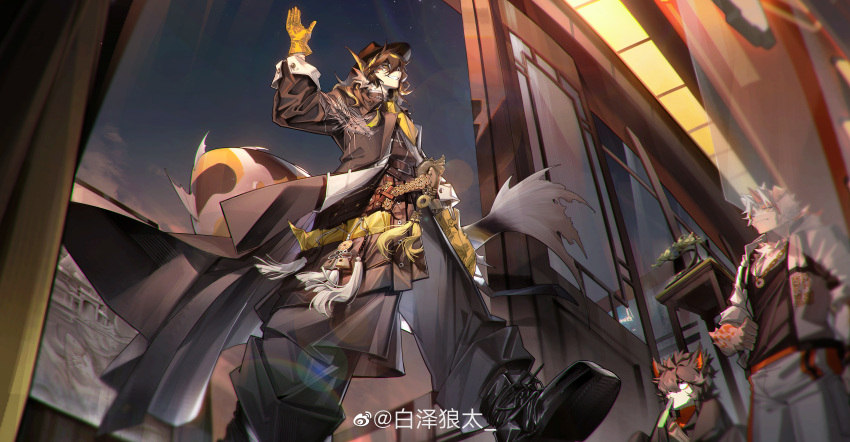 2022 aak_(arknights) absurd_res anthro arknights canid canine canis carp cloak clothed clothing cyprinid cypriniform domestic_cat domestic_dog dragon felid feline felis fish fur group hair hallyswift hi_res hung_(arknights) hypergryph inside lee_(arknights) male mammal marine mythological_creature mythological_scalie mythology scalie studio_montagne tail tan_body tan_fur trio weibo white_body white_fur