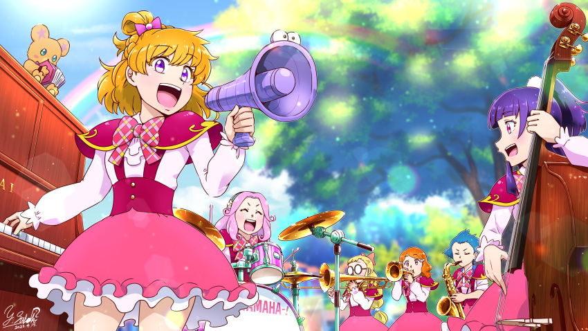 6+girls :d absurdres artist_name asahina_mirai bangs blonde_hair blue_hairband blue_sky blunt_bangs blurry blurry_background bow capelet cello closed_eyes commentary_request dated day depth_of_field drum drum_set emily_(mahou_girls_precure!) glasses ha-chan_(mahou_girls_precure!) hair_bobbles hair_ornament hair_ribbon hairband hanami_kotoha highres holding holding_instrument holding_megaphone instrument izayoi_liko jun_(mahou_girls_precure!) kei_(mahou_girls_precure!) lens_flare long_hair long_sleeves looking_at_viewer low-tied_long_hair magic_school_uniform mahou_girls_precure! medium_hair megaphone miniskirt mofurun_(mahou_girls_precure!) multiple_girls music one_side_up opaque_glasses open_mouth orange_hair outdoors piano pink_bow playing_instrument ponytail precure purple_eyes purple_hair purple_ribbon rainbow red_bow red_capelet red_skirt ribbon round_eyewear satou_yasu saxophone school_uniform shirt short_hair signature skirt sky smile standing stuffed_animal stuffed_toy teddy_bear tree trombone trumpet white_shirt