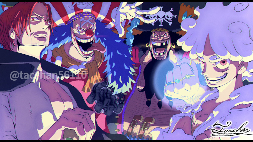 4boys beard black_hair blue_hair buggy_the_clown crossed_arms facial_hair gloves grin gun hat highres jacket long_beard long_hair looking_at_viewer male_focus marshall_d._teach medium_hair monkey_d._luffy multiple_boys one_piece pirate pirate_costume pirate_hat red_eyes red_hair red_nose scar scarf shanks_(one_piece) short_hair signature skull skull_and_crossbones smile tacchan56110 tongue tongue_out weapon white_hair