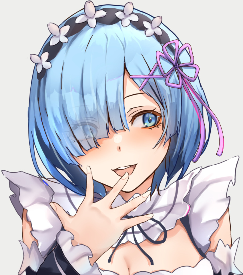 1girl breasts cleavage commentary detached_sleeves facing_viewer frills hair_ornament hair_over_one_eye hair_ribbon hand_up highres long_sleeves maid_headdress medium_breasts open_mouth portrait purple_ribbon re:zero_kara_hajimeru_isekai_seikatsu rem_(re:zero) ribbon roswaal_mansion_maid_uniform simple_background smile solo teeth upper_body upper_teeth white_background x_hair_ornament zundakun0123