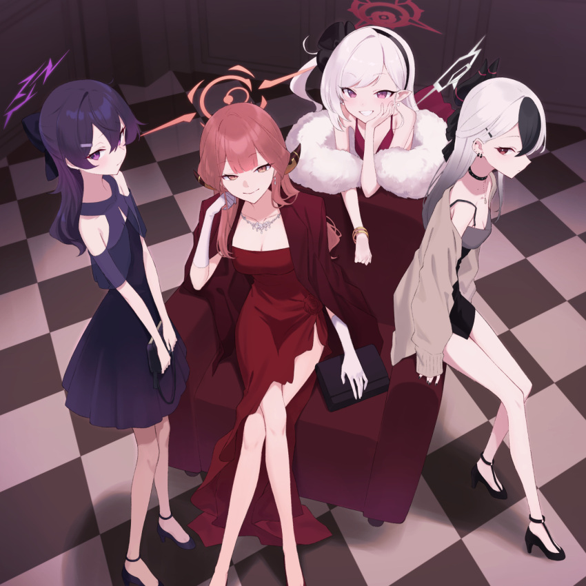 4girls aru_(blue_archive) aru_(dress)_(blue_archive) black_bow black_dress black_footwear black_hair black_hairband black_horns blue_archive blush bow breasts brown_horns brown_jacket checkered_floor cleavage closed_mouth coat coat_on_shoulders collarbone daifuku_(tkja3555) demon_horns dress earrings gloves grey_hair grey_halo grin hair_between_eyes hair_bow hairband halo haruka_(blue_archive) haruka_(dress)_(blue_archive) high_heels highres horns jacket jewelry kayoko_(blue_archive) kayoko_(dress)_(blue_archive) large_breasts long_hair multicolored_hair multiple_girls mutsuki_(blue_archive) mutsuki_(dress)_(blue_archive) necklace official_alternate_costume open_clothes open_jacket pink_eyes pink_hair pink_halo pointy_ears problem_solver_68_(blue_archive) purple_dress purple_eyes purple_footwear purple_hair purple_halo red_coat red_dress red_eyes red_halo sitting small_breasts smile white_fur white_gloves yellow_eyes