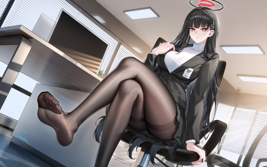 1girl black_hair black_skirt blue_archive blush breasts chair closed_mouth crossed_legs desk feet halo highres indoors jacket large_breasts legs long_hair long_sleeves looking_at_viewer no_shoes office_chair pantyhose pleated_skirt red_eyes rio_(blue_archive) shoes sitting skirt soles solo stardust_(chen'ai_weiding) sweater swivel_chair thighband_pantyhose thighs toes turtleneck turtleneck_sweater white_sweater