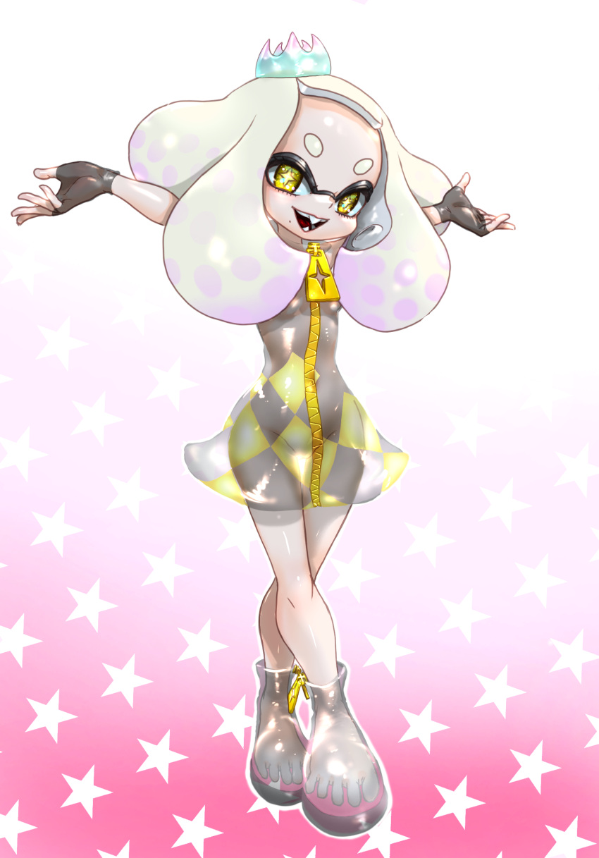 1girl :d arms_up black_gloves boots breasts cross-shaped_pupils crossed_legs crown dress fangs fingerless_gloves gloves gradient_background gradient_hair highres inkling koharu2.5 medium_hair mole mole_under_mouth multicolored_hair open_mouth pearl_(splatoon) pink_hair see-through see-through_dress see-through_footwear short_eyebrows small_breasts smile solo splatoon_(series) starry_background symbol-shaped_pupils teeth tentacle_hair two-tone_hair watson_cross white_hair yellow_eyes zipper zipper_pull_tab