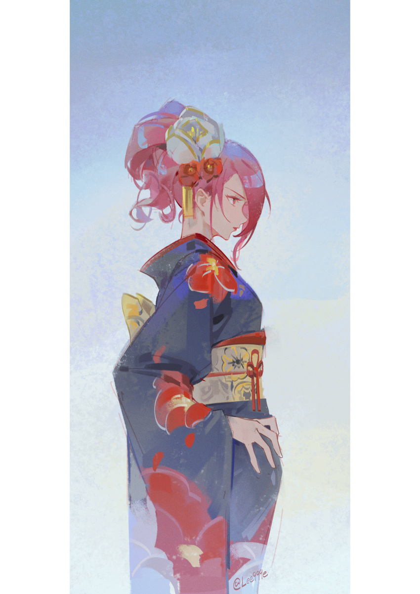 1girl absurdres black_kimono blue_kimono closed_mouth floral_print flower from_side hair_flower hair_ornament hand_on_own_hip highres japanese_clothes kimono kirijou_mitsuru lee999nine long_sleeves obi persona persona_3 ponytail profile red_eyes red_flower red_hair sash simple_background solo twitter_username white_flower wide_sleeves