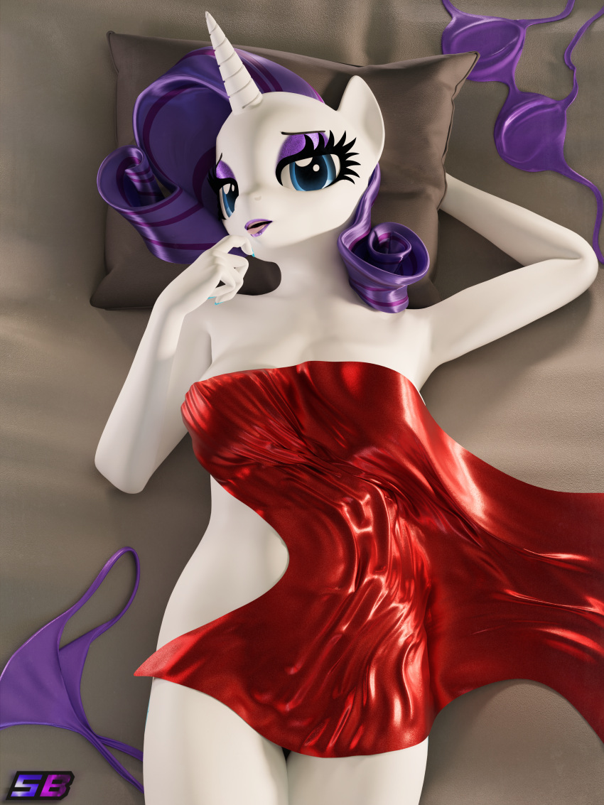 3d_(artwork) absurd_res anthro bed bra clothing covering digital_media_(artwork) discarded_clothing equid equine female friendship_is_magic furniture hasbro hi_res horn looking_at_viewer lying mammal my_little_pony mythological_creature mythological_equine mythology on_back panties pillow rarity_(mlp) shadowboltsfm solo underwear unicorn