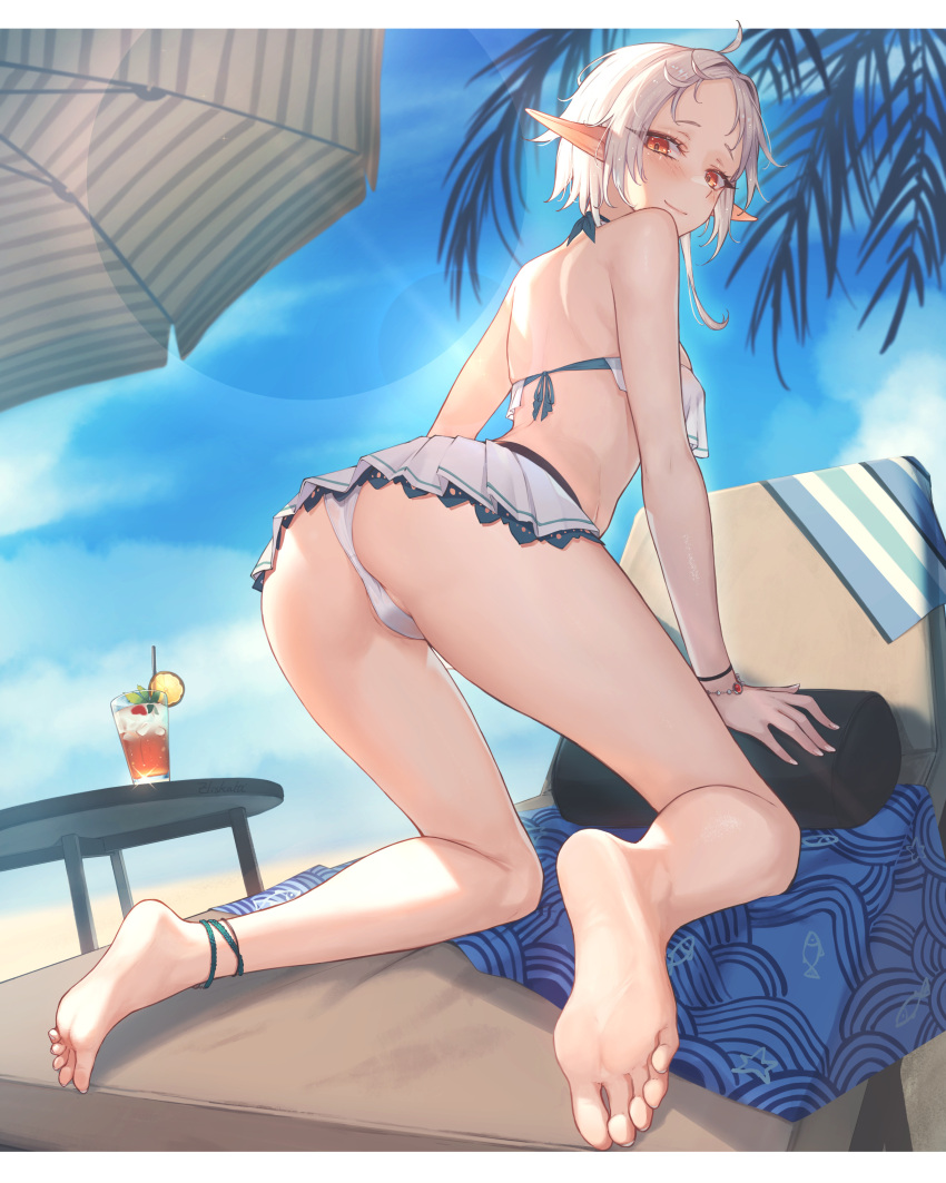1girl absurdres ahoge all_fours ass bare_legs barefoot beach_chair beach_umbrella bikini bikini_skirt blue_sky blush bracelet closed_mouth day eliskalti from_behind full_body highres jewelry looking_at_viewer looking_back mushoku_tensei outdoors partially_visible_vulva pointy_ears short_hair sky smile solo swimsuit sylphiette_(mushoku_tensei) umbrella white_bikini white_hair
