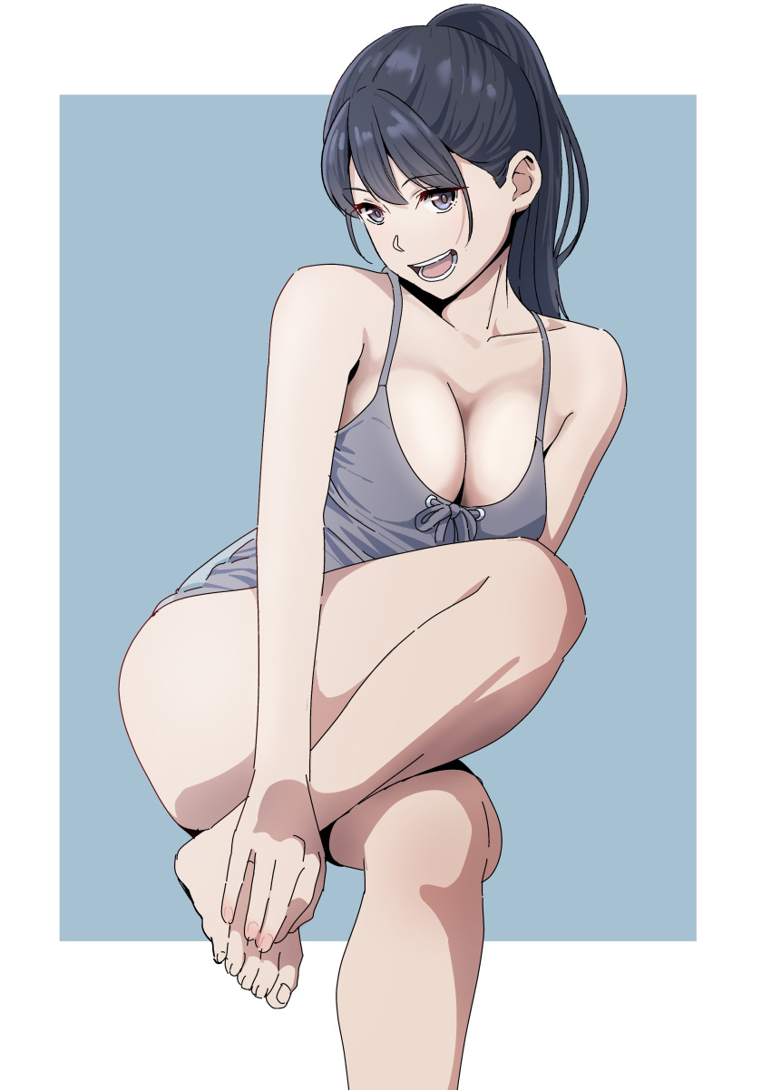 1girl absurdres barefoot black_hair breasts cleavage collarbone commentary_request feet grey_eyes grey_one-piece_swimsuit hide12862152 highres large_breasts long_hair looking_at_viewer one-piece_swimsuit open_mouth original ponytail simple_background sitting solo swimsuit teeth tongue