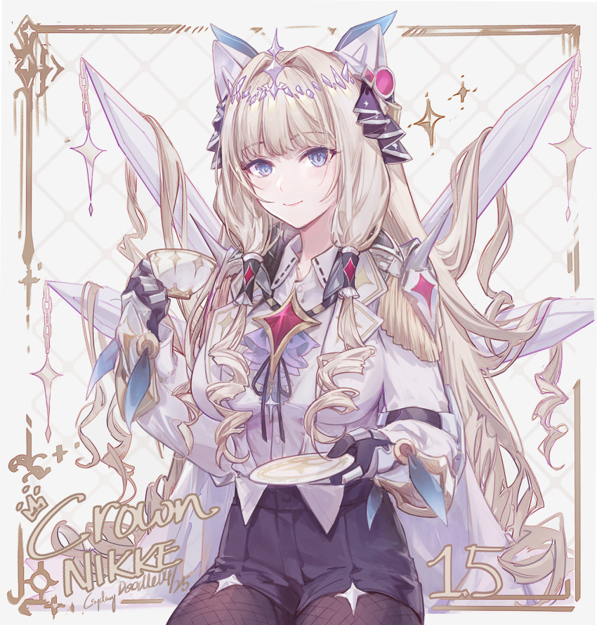 1girl black_gloves black_pantyhose black_shorts blonde_hair blue_eyes breasts center_frills character_name coat collared_shirt commentary_request crown crown_(nikke) csyday cup epaulettes frills gauntlets gloves goddess_of_victory:_nikke grid_background hair_intakes hair_ornament hair_tubes high-waist_shorts highres holding holding_cup holding_plate large_breasts long_bangs long_hair pantyhose plate shirt shorts sidelocks signature sitting smile solo teacup twisted_hair very_long_hair white_background white_coat