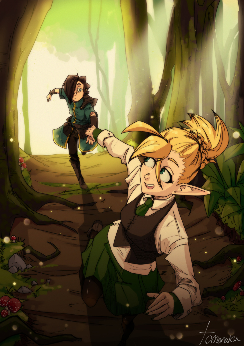 2girls :d absurdres artist_name ascot black_hair black_pants black_pantyhose black_vest blonde_hair blue_eyes braid braided_bun elf eye_contact foreshortening forest freckles green_ascot green_skirt hair_bun hair_over_one_eye highres holding_hands looking_at_another multiple_girls mushroom nature original outdoors pants pantyhose pointy_ears running skirt smile tomonaku triangle_mouth vest