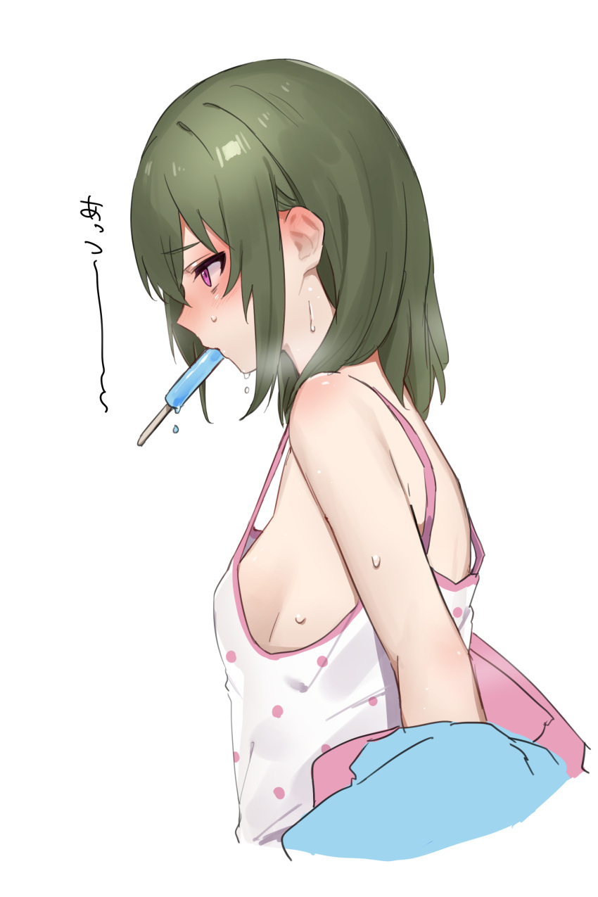 1girl absurdres blush breasts camisole cropped_torso food green_hair highres idolmaster idolmaster_million_live! jacket jacket_partially_removed looking_ahead medium_hair mouth_hold nagayoshi_subaru pink_camisole pink_eyes polka_dot_camisole popsicle profile sideboob simple_background solo sweat tutimaru0730 upper_body white_background