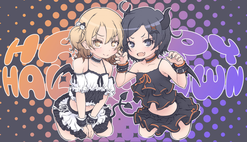 2girls black_choker black_eyes black_hair blonde_hair blush choker collarbone demon_horns demon_tail demon_wings fake_horns hair_ornament hairclip halftone halftone_background halloween_costume heart highres hikigaya_komachi horns isshiki_iroha midriff multiple_girls navel open_mouth pekenpon polka_dot polka_dot_background polka_dot_shirt shirt short_hair skirt smile tail wings wristband x_hair_ornament yahari_ore_no_seishun_lovecome_wa_machigatteiru.