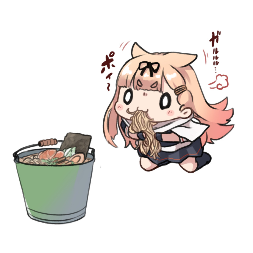 1girl absurdres ai_drawing_anime_characters_eating_ramen_(meme) black_gloves black_ribbon black_serafuku black_skirt black_socks blonde_hair bucket closed_mouth dyson_(edaokunnsaikouya) eating fingerless_gloves food gloves hair_flaps hair_ornament hair_ribbon hairclip highres kantai_collection kneehighs long_hair meme motion_lines noodles o_o pleated_skirt ramen repair_bucket ribbon scarf school_uniform serafuku short_sleeves simple_background skirt socks solo white_background white_scarf yuudachi_(kancolle) yuudachi_kai_ni_(kancolle)