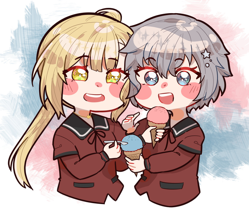 2girls :d absurdres asymmetrical_bangs bangs black_ribbon blonde_hair blue_background blunt_bangs blush_stickers chibi commentary commission cropped_torso english_commentary flower flower_necklace food grey_eyes grey_hair hair_ornament highres ice_cream ice_cream_cone layered_sleeves long_hair long_sleeves looking_at_food magia_record:_mahou_shoujo_madoka_magica_gaiden mahou_shoujo_madoka_magica mogu_m.g multiple_girls neck_ribbon open_mouth pink_background pocket ponytail red_shirt ribbon sankyouin_academy_school_uniform school_uniform second-party_source shinobu_akira_(madoka_magica) shirt short_hair short_over_long_sleeves short_sleeves sidelocks smile sparkle spoon star_(symbol) star_hair_ornament swept_bangs upper_body very_long_hair wing_collar yellow_eyes yellow_flower yusa_hazuki