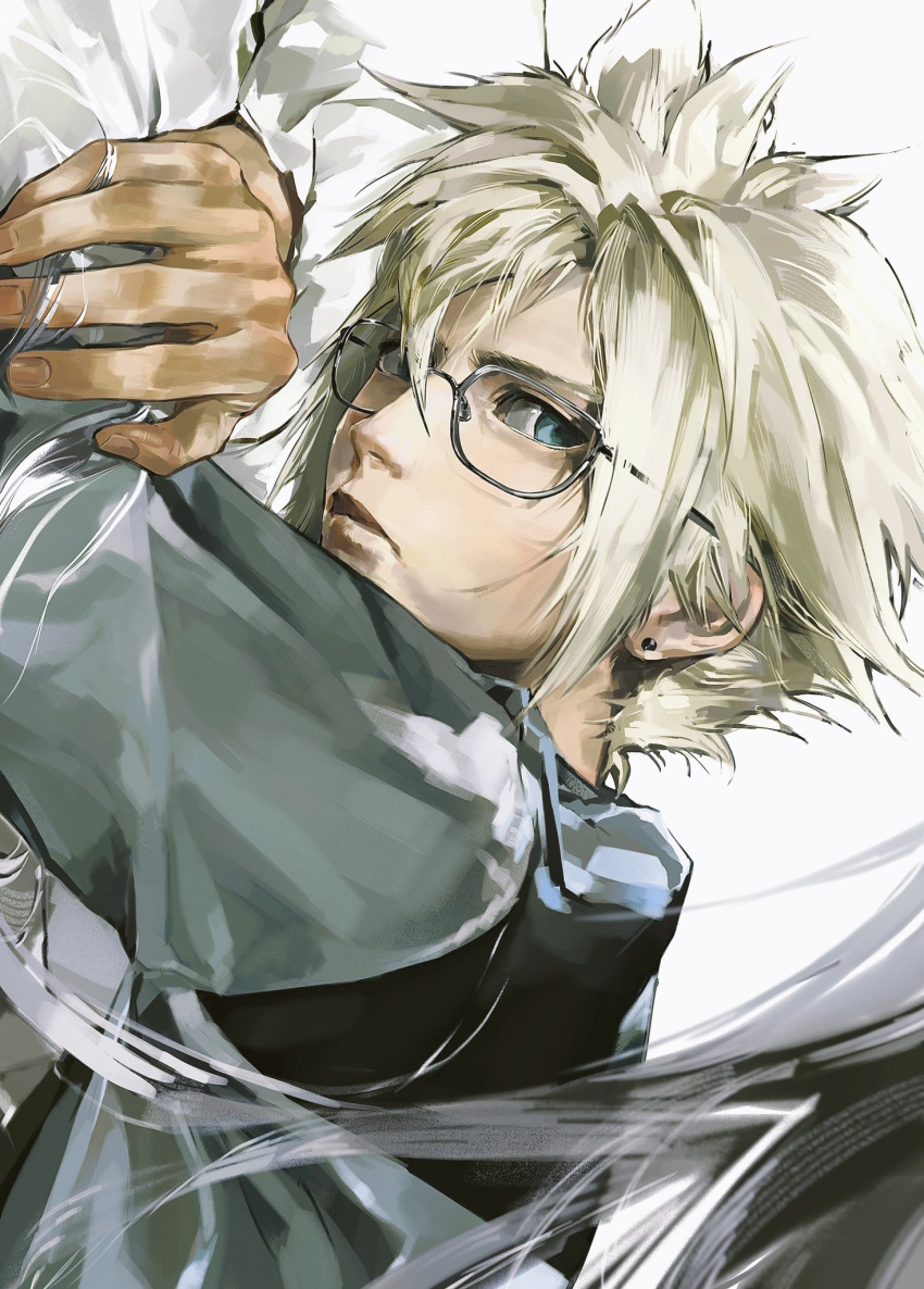 2boys alternate_universe blonde_hair blue_eyes closed_mouth cloud_strife commentary_request earrings final_fantasy final_fantasy_vii glasses grey_hair hand_in_another's_hair highres jewelry long_hair lying male_focus multiple_boys on_bed on_stomach sephiroth shirt short_hair single_earring spiked_hair yiran_toru