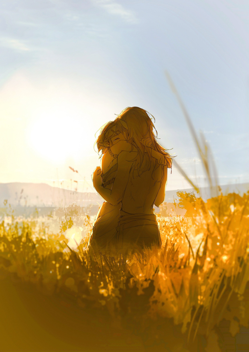 absurdres armlet blonde_hair braid closed_eyes commentary crown_braid dawn dress english_commentary field highres hug landscape link long_hair messy_hair outdoors pointy_ears princess_zelda scenery short_hair sky sleeveless sleeveless_dress standing the_legend_of_zelda the_legend_of_zelda:_tears_of_the_kingdom topless_male yuno_11_02