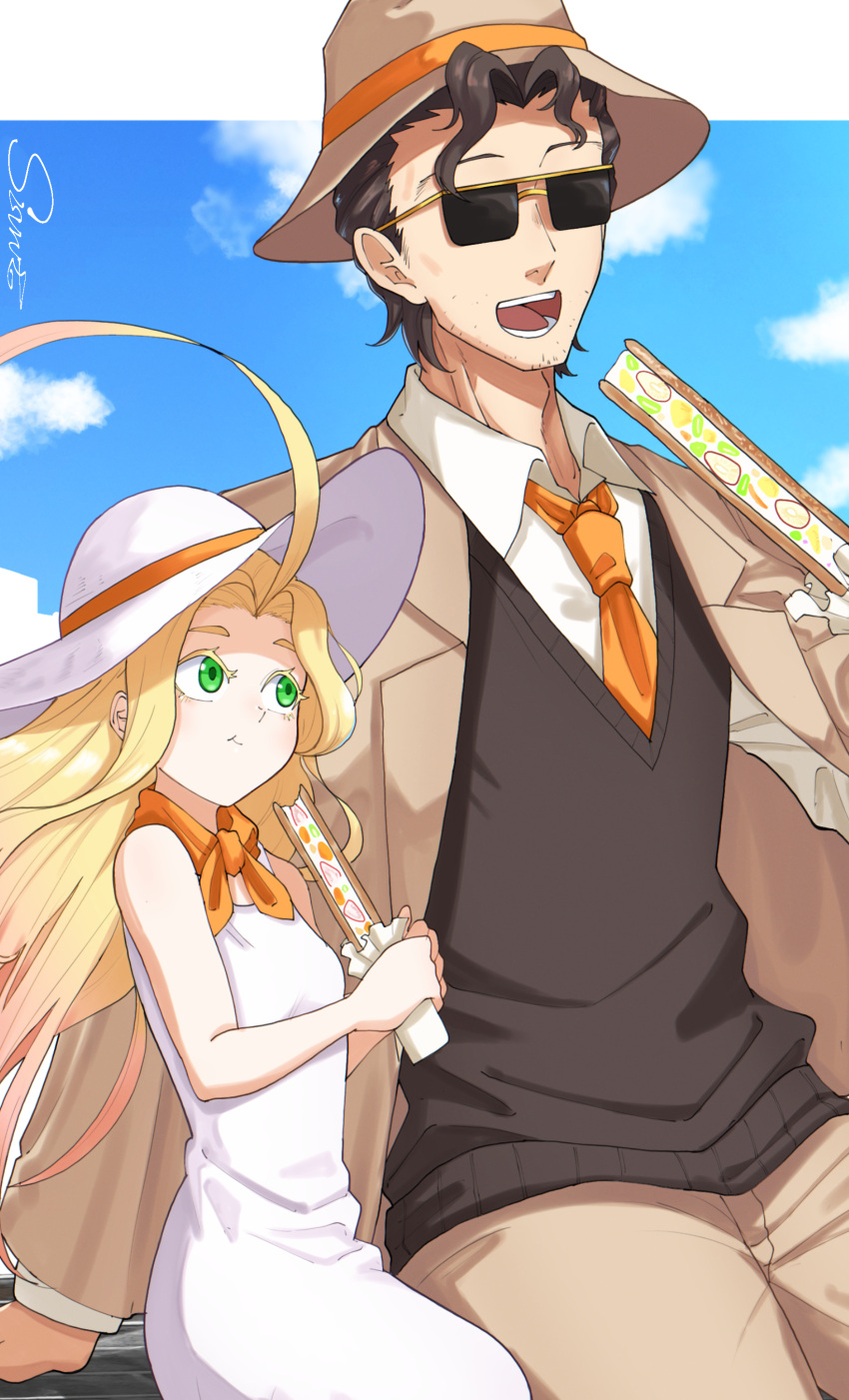 1boy 1girl absurdres ahoge billy_alfred black_hair black_sweater_vest blonde_hair brown_hat brown_pants cloud day dress facial_hair food green_eyes hat highres ice_cream ice_cream_sandwich long_sleeves outdoors pants shishiruto sleeveless stubble sunglasses sweater_vest tatiana_(undead_unluck) undead_unluck white_dress