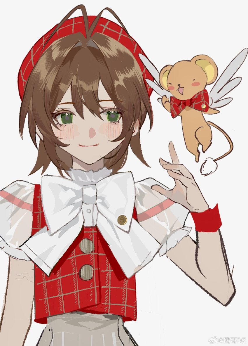1girl angel_wings antenna_hair beret bow bowtie brown_hair buttons cardcaptor_sakura chinese_commentary closed_mouth collared_shirt colored_eyelashes commentary_request cropped_vest ferret frilled_shirt_collar frilled_sleeves frills green_eyes hand_up hat highres kero_(cardcaptor_sakura) light_blush looking_at_viewer medium_hair ouge_dz plaid plaid_bow plaid_bowtie plaid_headwear plaid_vest puffy_short_sleeves puffy_sleeves red_bow red_bowtie red_hat red_vest red_wristband shirt short_sleeves simple_background smile traditional_bowtie upper_body vest weibo_watermark white_background white_bow white_bowtie white_shirt white_sleeves white_wings winged_animal wings