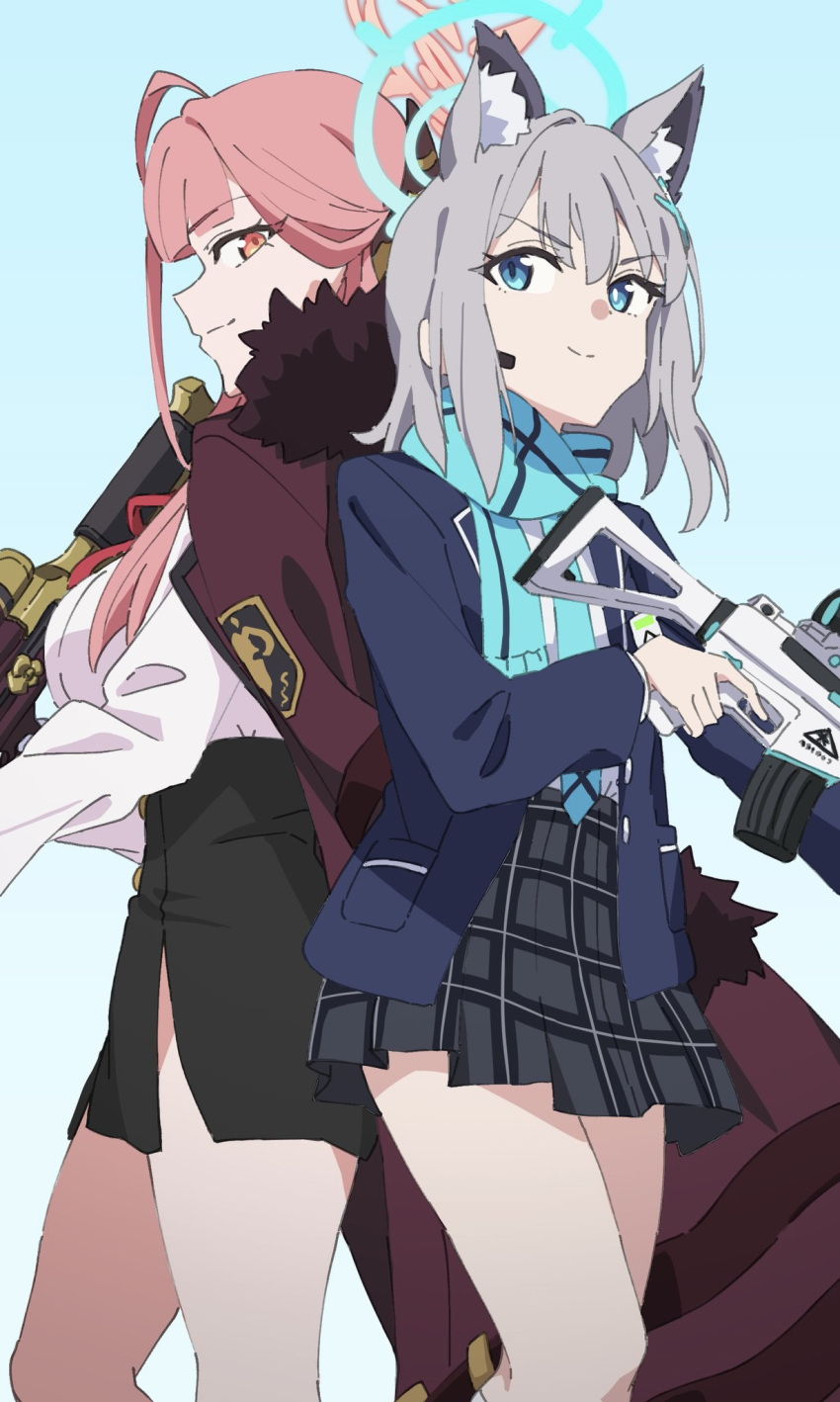 2girls animal_ear_fluff animal_ears aru_(blue_archive) black_jacket black_skirt blazer blue_archive blue_eyes blue_halo blue_scarf breasts brown_coat closed_mouth coat coat_on_shoulders extra_ears fur-trimmed_coat fur_trim grey_hair gun halo highres holding holding_gun holding_weapon jacket large_breasts long_hair medium_breasts multiple_girls oinari_(koheihei1109) open_clothes open_jacket pink_hair pink_halo pleated_skirt scarf shiroko_(blue_archive) shirt skirt small_breasts smile weapon white_shirt wolf_ears yellow_eyes