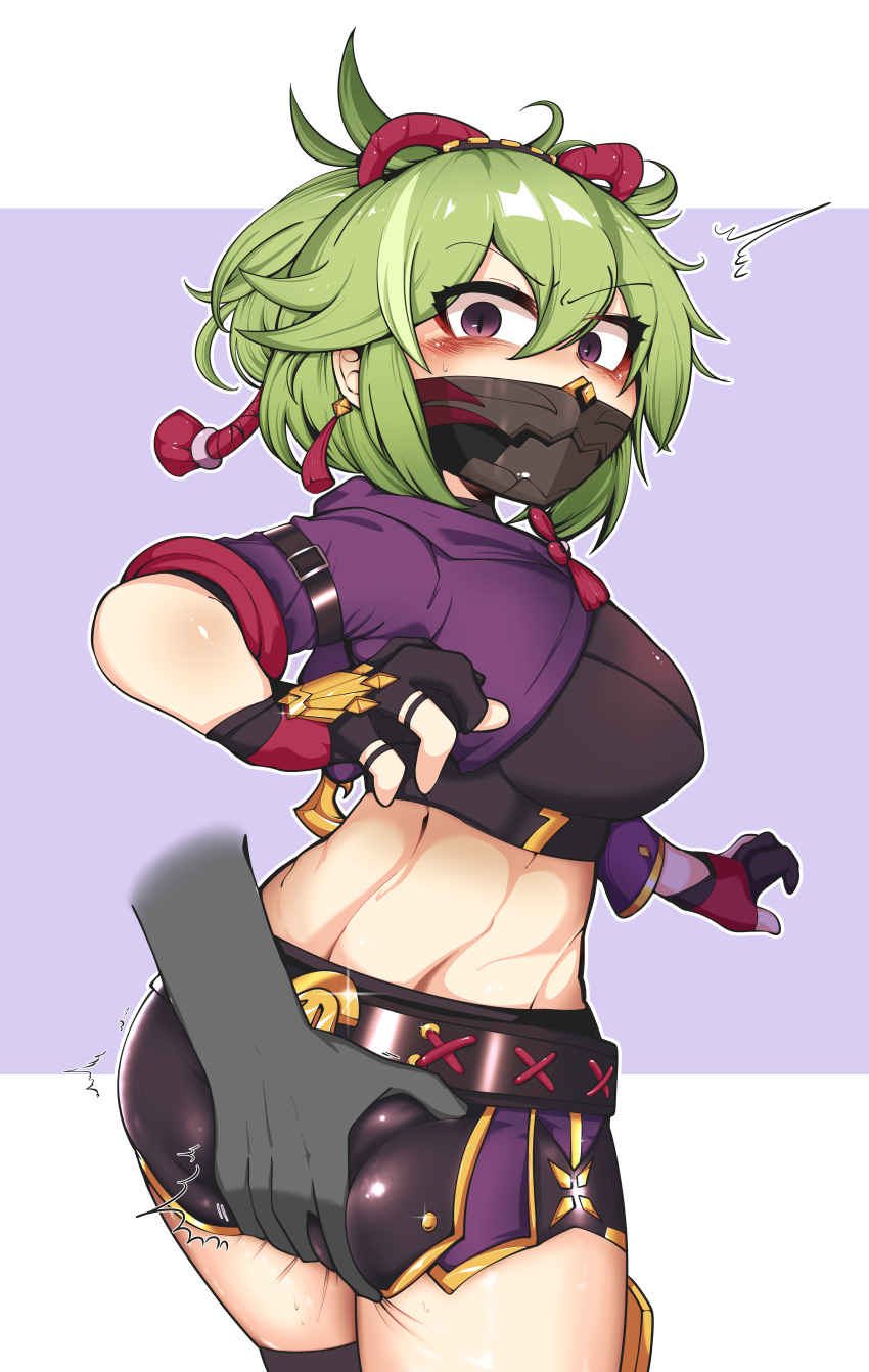 1girl 1other absurdres ass bangs black_gloves black_thighhighs breasts eyebrows_hidden_by_hair fingerless_gloves genshin_impact gloves green_hair hair_between_eyes hairband hand_on_another's_ass highres japanese_clothes kuki_shinobu long_hair looking_at_viewer looking_back mask ponytail purple_eyes ribbon shorts solo_focus thighhighs uncolorcube