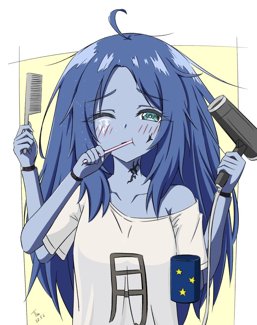 1girl ahoge aqua_eyes blue_hair blue_skin blush breasts brushing_teeth colored_skin commentary cracked_skin cup dated elden_ring english_commentary extra_arms hair_brush hair_dryer highres holding holding_cup holding_hair_brush long_hair looking_at_viewer medium_breasts messy_hair no_headwear one_eye_closed ranni_the_witch shirt short_sleeves signature simple_background single_bare_shoulder single_off_shoulder solo t-shirt thundradrawings upper_body very_long_hair white_shirt