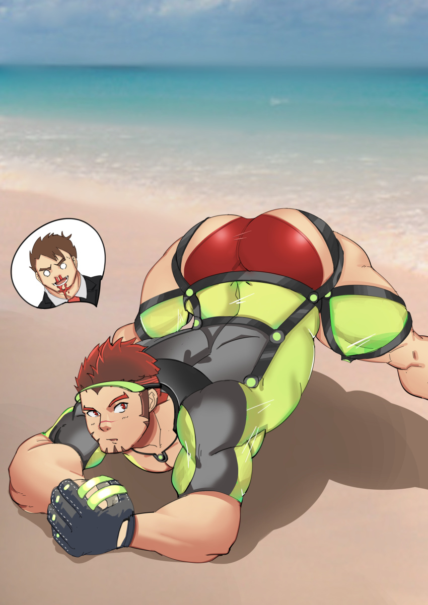 2boys absurdres akashi_(live_a_hero) akashi_(water_bullet)_(live_a_hero) arched_back arm_rest aroused_nosebleed ass bara baseball_mitt beach bodysuit facial_hair feet_out_of_frame goatee green_bodysuit hands_on_ground highres jack-o'_challenge large_pectorals legs_apart live_a_hero long_sideburns looking_at_viewer male_focus male_protagonist_(live_a_hero) male_swimwear mecata multiple_boys muscular muscular_male o_o official_alternate_costume pectorals photo_background red_eyes red_hair red_male_swimwear scar scar_on_face scar_on_nose short_hair sideburns solo_focus stretching swim_briefs thick_eyebrows top-down_bottom-up yaoi