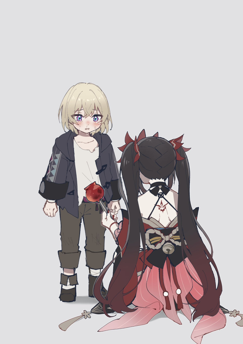 1boy 1girl aged_down arms_at_sides aventurine_(honkai:_star_rail) back_tattoo backless_kimono bell black_choker black_hair black_jacket black_sash blue_eyes blush brown_footwear brown_pants candy_apple child choker commentary_request criss-cross_back-straps crossed_bangs crying crying_with_eyes_open detached_sleeves food gradient_hair highres holding holding_food honkai:_star_rail honkai_(series) hoshiyui_tsukino jacket japanese_clothes kakavasha_(honkai:_star_rail) kimono long_hair long_sleeves looking_at_another multicolored_hair nose_blush o-ring obi pants purple_eyes red_kimono red_sleeves sash shirt short_hair short_sleeves sparkle_(honkai:_star_rail) squatting tattoo tears twintails two-tone_eyes white_shirt