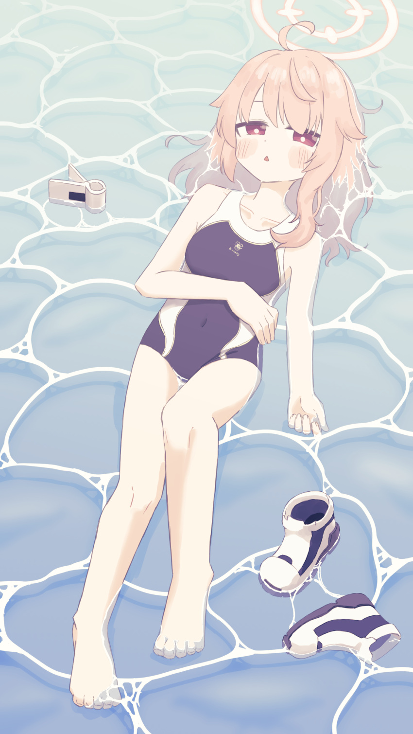 1girl absurdres alternate_costume alternate_hairstyle artist_request blue_archive check_artist collarbone halo highres medium_hair natsu_(blue_archive) no_shoes on_water one-piece_swimsuit pink_hair pink_halo r0k0_m0k0 red_eyes school_swimsuit shoes solo swimsuit trinity_general_school_swimsuit water