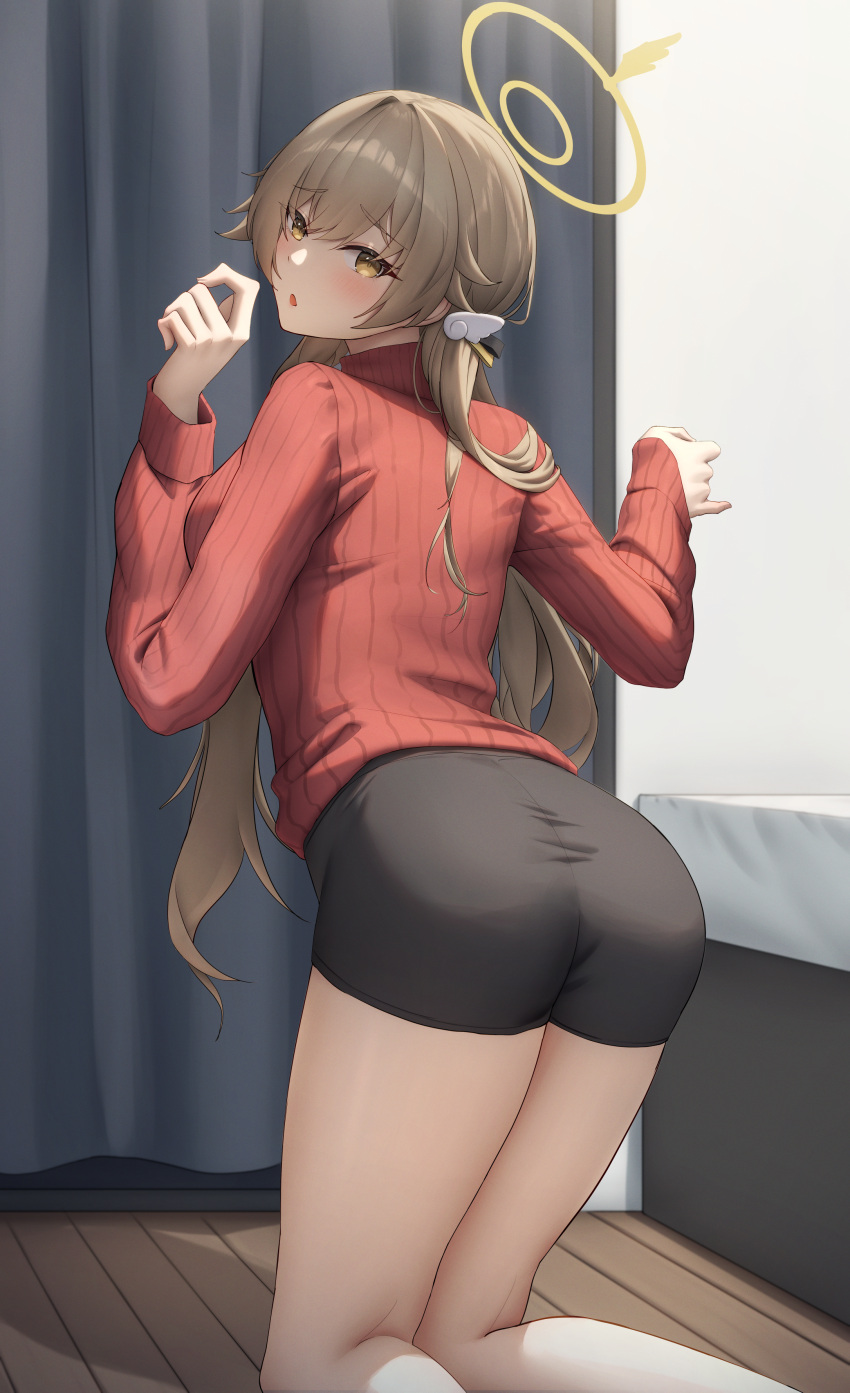 1girl absurdres ass black_skirt blue_archive blush feet_out_of_frame floor gileu hair_between_eyes halo hifumi_(blue_archive) highres indoors kneeling light_brown_hair long_hair long_sleeves looking_at_viewer looking_back low_twintails open_mouth red_sweater skirt solo sweater twintails yellow_eyes yellow_halo