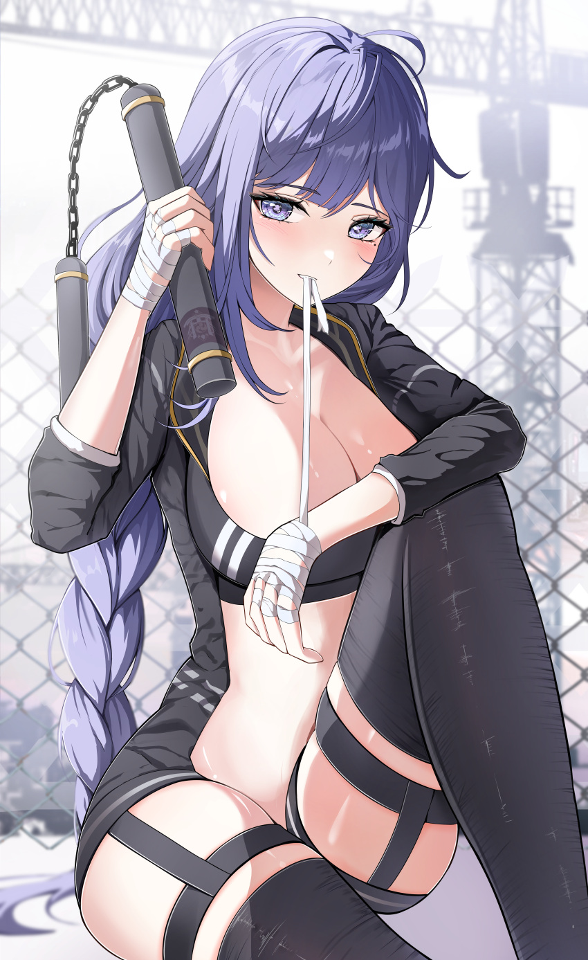 1girl absurdres ahoge alternate_costume arm_on_knee bandage_in_mouth bandaged_fingers bandaged_hand bandages black_sports_bra black_thighhighs braid breasts cleavage commentary_request crane_(machine) feet_out_of_frame fence genshin_impact highres holding holding_nunchaku holding_weapon knee_up korean_commentary large_breasts looking_at_viewer mole mole_under_eye nunchaku purple_eyes purple_hair raiden_shogun sidelocks single_braid sitting skindentation smile solo sports_bra stomach thighhighs thighs weapon yeni1871